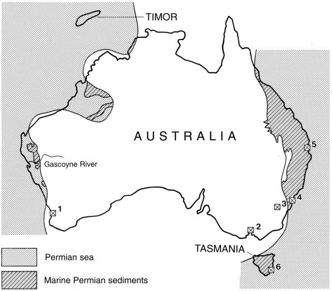 Map_(1) Perth, (2) Melbourne, 83) Canberra, (4) Sidney, (5) Brisbaine, (6) Hobart_Teichert (1951)